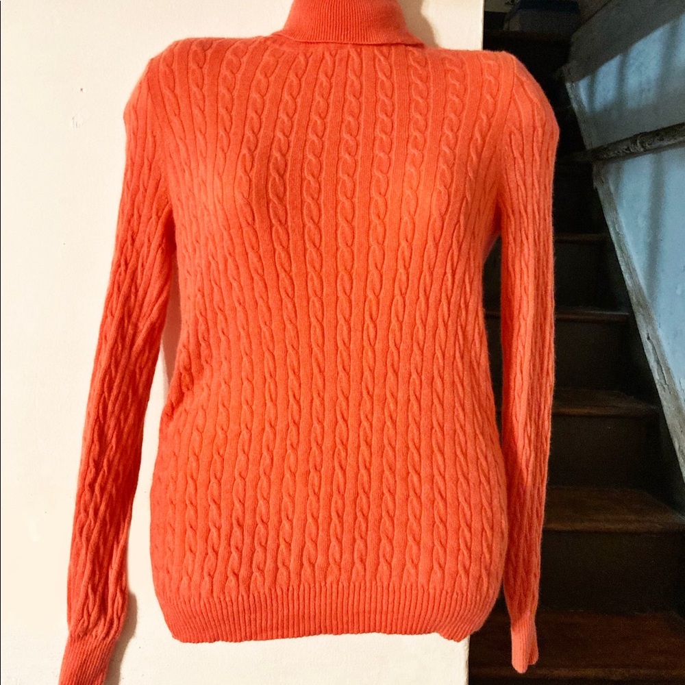 J. Crew Papaya Pink-Orange Cable Turtleneck Wool Nylon Cashmere Sweater Size S